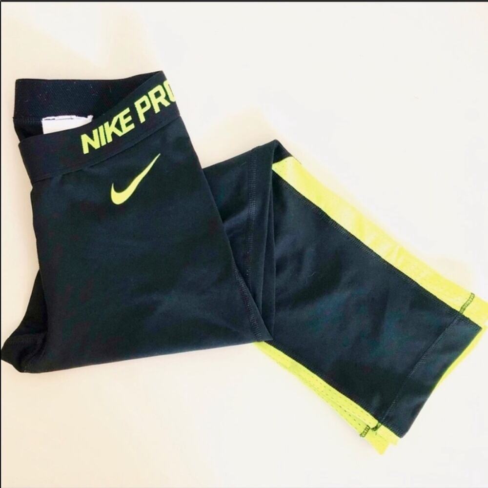 NIKE Nike Pro Black Neon Yellow Mesh Back Cropped Running Tight Pants Leggings S